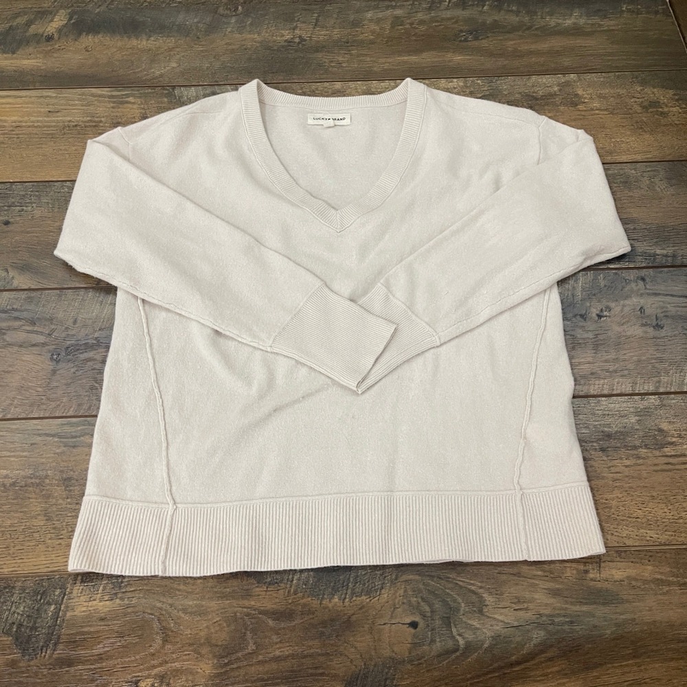 Lucky Brand Womens V-Neck Sweater Cream Ivory Seam Detail Knit Small Soft Cozy
